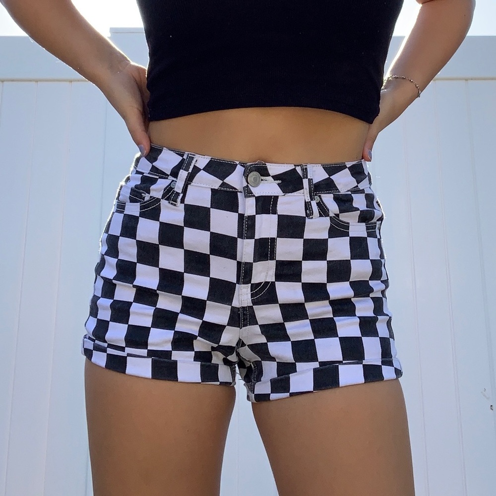 Checkered High Waisted Demin Shorts